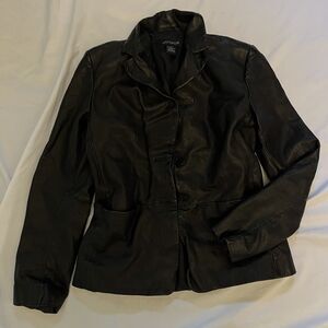 Ann Taylor Black Leather Jacket Size 2 Button Front Soft Vintage